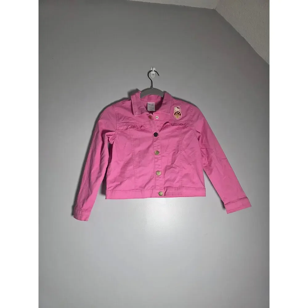 Hello Kitty Girls Denim Jacket Size 10 Pink Patch Snap Button Closure KidCore